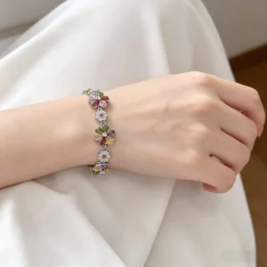 RENSINO INS Full diamond Color Flower Zircon Bracelet Multi color Gemstone Micro Inlay Gold plated Light Luxury Jewelry Fashion