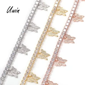 RENSINO Iced Out Baguette CZ Tennis Chain Butterfly Charm Anklet Adjustable Bling Rapper Anklets Foot Jewelries