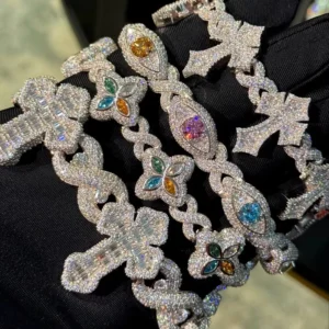 RENSINO Iced Out Colors Moissanite Cuban Link Chain Sterling Silver 925 Moissanite 15mm Hip Hop Bracelets