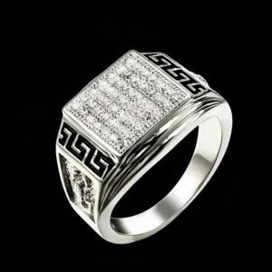 RENSINO Iced Out Cubic Zirconia Bling Jewelry Brass Greek Key Statement Ring for Men