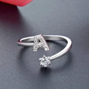 RENSINO Iced Out Ring Jewelry A to Z Initial Letter Silver Alphabet Ring Design 925 Sterling Silver Adjustable Ring
