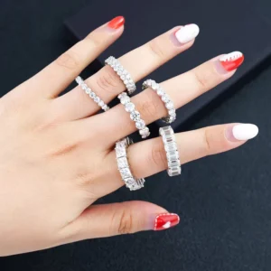 RENSINO Iced Out S925 Silver Princess Emerald Round Cut Vvs d Color Eternity Moissanite Diamond Hip Hop Tennis Ring with Gra Certificate