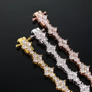 RENSINO Iced Out VVS Diamond Flower Shape Tennis Chain 925 Sterling Silver Moissanite Tennis Chain Women’s Bracelet