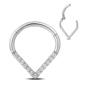 RENSINO Implant Grade Piercing Jewelry ASTM F136 Titanium Hinged Segment Ring CZ Stone Gem Paved Fashion Nose Ring Silver Earring