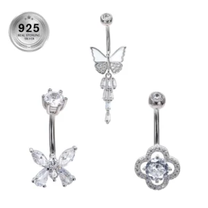 RENSINO In Stock 925 Sterling Silver CZ Butterfly Belly Button Navel Rings Fine Fashion Jewelry Piercing Jewelry