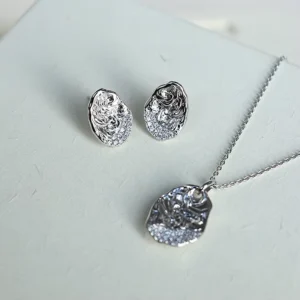 RENSINO In Stock 925 Sterling Silver Minimalist Texture Zircon Pendant Necklace Stud Earrings for Ladies Gift Factory