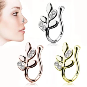 RENSINO Indian Nose Clip Silver and Gold African Nose Ring Leaf Zircon studded Nose Clip Gold plated Gift for Women