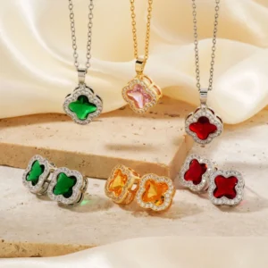 RENSINO Inlaid Clover Necklace Earrings Women’s Light Luxury Design High-end Temperament Jewelry Set