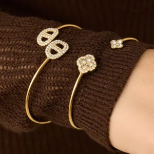 RENSINO Ins 18K Gold Plated Stainless Steel Flower Zircon Stone Cuff Bangle Bracelet for Women Waterproof