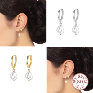 RENSINO Ins Fine Jewelry 925 Sterling Silver Irregular Baroque Pearl Pendant Hoop Earrings for Women