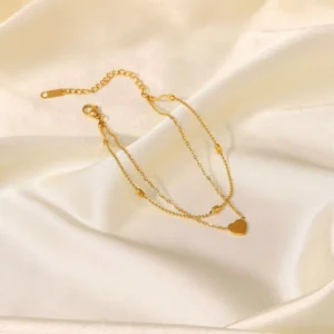 RENSINO Ins Style Stainless Steel 18K Gold Heart Pendant Anklet Oval Bead Chain Double Layer Foot Jewelry TGJL933