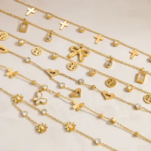 RENSINO Ins Style Stainless Steel Ankle Chain Birthdaystone Pendant Anklets Women Plated 18K Real Gold Foot Decoration
