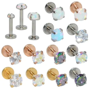 RENSINO Internally Threaded Prong Round Opal Zircon Labret Stud Ear Tragus Cartilage Earring Lip Ring Piercing Jewelry