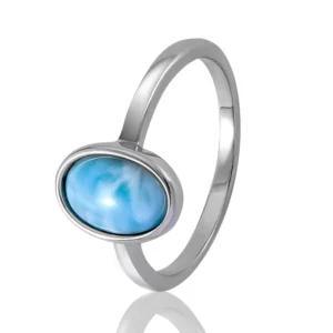 RENSINO Iridescent Larimar Sky Blue Oval Ring Sleek Silver Setting Delicate Vacation Jewelry Bulk Supplies