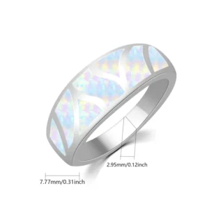 RENSINO Iridescent Opal Geometric Ring Sleek Silver Fashion Band