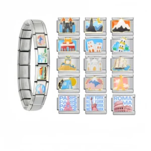 RENSINO Italian Charm Bracelet Landmark View Charm Bracelet Link Stainless Steel Y2K Jewelry for Women Valentine Day Gift