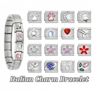 RENSINO Italian Charm Bracelet Y2K Diamond Flower Moon Charm Bracelet Link Stainless Steel Jewelry for Women Valentine Gift
