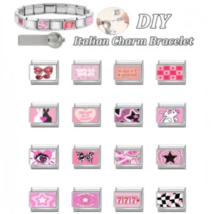 RENSINO Italian Charm Bracelet Y2K Pink Series DIY Cute Cartoon Modular Italian Stainless Steel Fashion Women Jewelry Gift