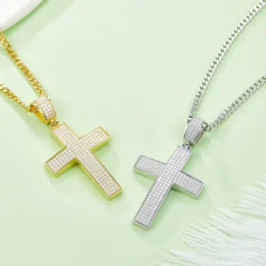 RENSINO J004 Guangzhou Jewelry 925 Sterling Silver Iced Out VVS Diamond Hip Hop Necklace Moissanite Cross Pendant for Mens