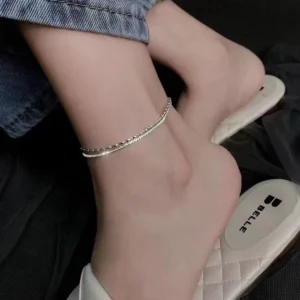 RENSINO JL032 925 Sterling Silver Double layer Rice Grain Gypsophila Ankle Chain Women’s New Trendy Ins Niche High end