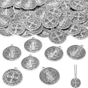 RENSINO JS1957 Large Silver Saint Benedict San Benito Medal Charm Catholic St. Benedict Medallion Medal Pendant Religious Jewelry Supply