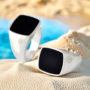 RENSINO Jasen Natural Black Agate 925 Silver Iced Out Initial Ring Unisex Hip Hop Ring for Wedding Engagement Party