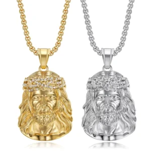 RENSINO Jesus Statue Religious Hiphop Moissanite Stainless Steel Jewelry 18K Gold Plated Necklace for Engraving Woman Men