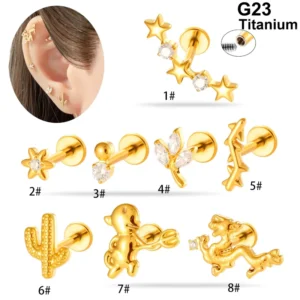 RENSINO Jewelry ASTM F136 Titanium Zircon Piercing De Titanio Tragus Helix Daith Flat Back Stud Earring Internal Thread Labret