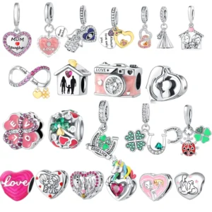 RENSINO Jewelry Accessories Plata S925 Silver Enamel Love Heart Clover Charm Bead Pendant for Necklace Bracelet DIY Gift