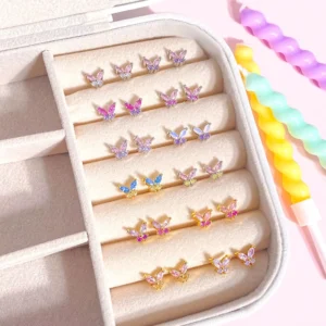 RENSINO Jewelry Gold Silver Customized Rainbow Colored CZ Butterfly Stud Earrings