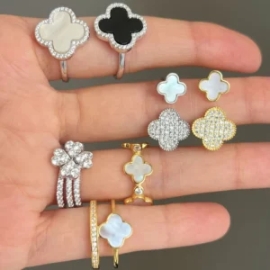 RENSINO Jewelry S925 Fine Silver 18k Gold plated Lucky Clover Zircon Ring for Women Luxurious and Adjustable Women’s Jewelry