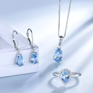 RENSINO Jewelry Set Blue Topaz Ring Earrings Pendant 925 Sterling Silver Ladies Set Handmade Enamel