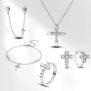 RENSINO Jewelry Set Classical Silver 925 Cross Charms Beads Rings Earrings Necklace Bracelet for Religious Ceremonies in Silver