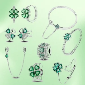 RENSINO Jewelry Set Green Four Leaves Silver 925 Cross Charms Beads Rings Earrings Necklace Bracelet for Religious Ceremonies