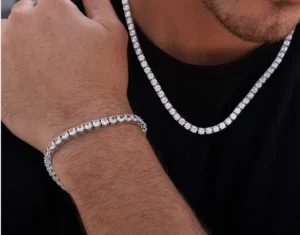 RENSINO Jewelry Set in Stock 5mm 6mm Moissanite Tennis Bracelet Chain Necklace Men 925 Sterling Silver Hip Hop Jewelry Ready to Ship