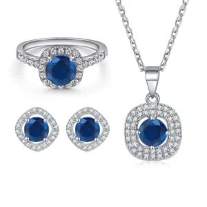 RENSINO Jewelry Sets Square Blue Colored Zircon Sterling Silver Sets for Wedding Engagement Promise Anniversary Party Gift