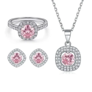 RENSINO Jewelry Sets Square Pink Colored Zircon Sterling Silver Sets