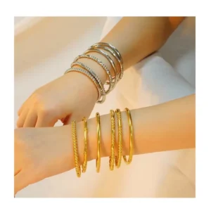 RENSINO Jewelry Simple and Elegant Style Golden Bamboo Plain Bracelet Solid Stainless Steel Woman Bracelet