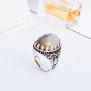 RENSINO Jewelry Sterling Silver Gemstone Natural Agate Big Size Men Ring