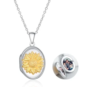 RENSINO Jewelry Sunflower Holds Pictures Sterling Silver Oval Photo Locket Pendant Necklace