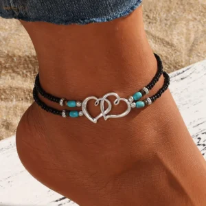 RENSINO KISSWIFE Bohemian Double Love Heart Rice Bead 2 Layer Anklet Vintage Silver Plated Stretch Anklet for Women Girls