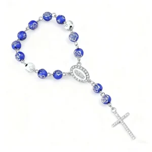 RENSINO KOMI Women’s Religious Rosary Bracelet Silver Gold Gilding Rose Flower Beads with Cross Charm Virgin Mary Center Gold Plated