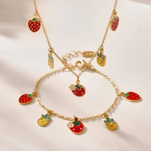 RENSINO Kids Fruit Jewelry Set 18K Gold Plated Stainless Steel Necklace Bracelet Anklet Non Toxic Enamel Pendants
