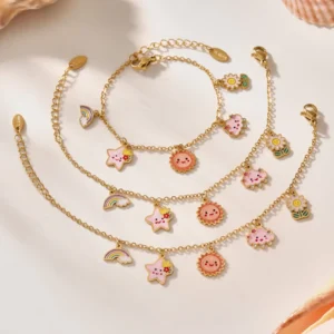 RENSINO Kids Solar System Jewelry Set 18K Gold Plated Star Sun Necklace Bracelet Anklet Hypoallergenic Stainless Steel