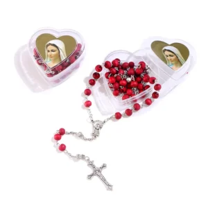 RENSINO Komi Red Fragrance Wooden Beads Holy Silver Cross Pendant Maria Center Rosary Necklace