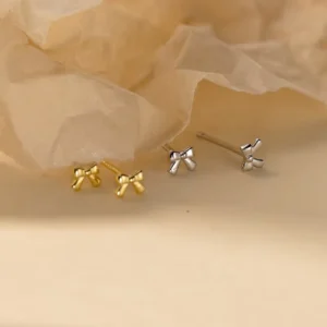 RENSINO Korean Mini 925 Sterling Silver Bow Stud Earrings Fashionable Gold Plated Small Jewelry Birthday Gift