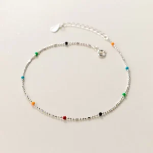 RENSINO Korean Style 925 Sterling Silver Summer Foot Jewely Anklet Rainbow Beads Anklets for Women Girls