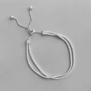 RENSINO Korean Style S925silver Temperament Versatile Double layer Zircon Paving Drill Adjustable Beads Bracelet for Women Silver
