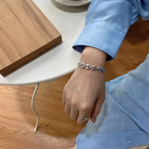 RENSINO Korean Version Simple Plain 925 Sterling Silver Bracelet Vintage Retro Open Vintage Style Bangle Trendy Simple Design