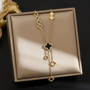 RENSINO Korean Version Women’s Stainless Steel Gold Plated Geometric Four Leaf Clover Zircon Pendant Necklace Hollow Tassel Clavicle